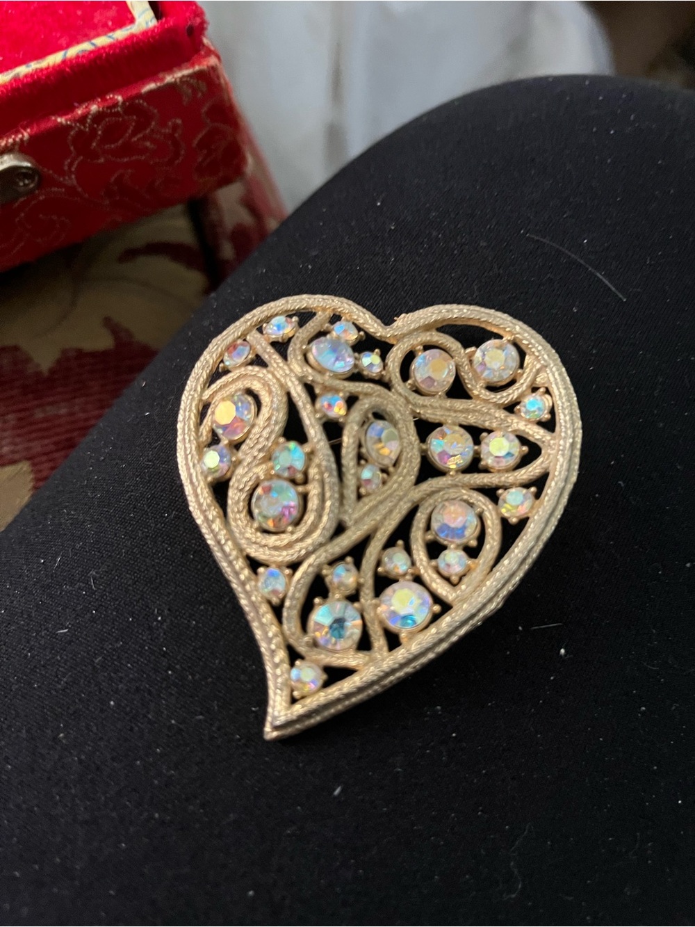 Gold Heart Filigree Brooch with Aurora Crystal Accents - Women Jewelry